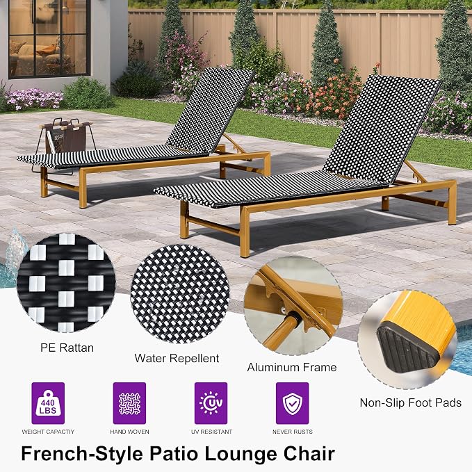PURPLE LEAF Patio Chaise Lounge French Outdoor Lounger 1 Piece Wood-Grain - Image 4