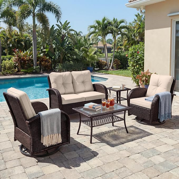 UPHA 5 Pieces Patio Furniture Sets, Wicker Outdoor Loveseat Sofa Set by UPHA