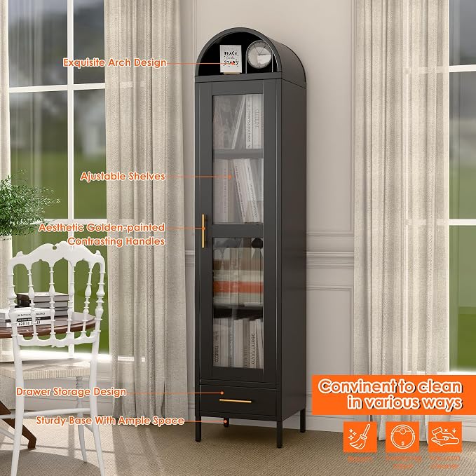 METAN Metal Arched Storage Display Cabinet, 1 Glass Door and Bottom 1 Drawer - Image 5
