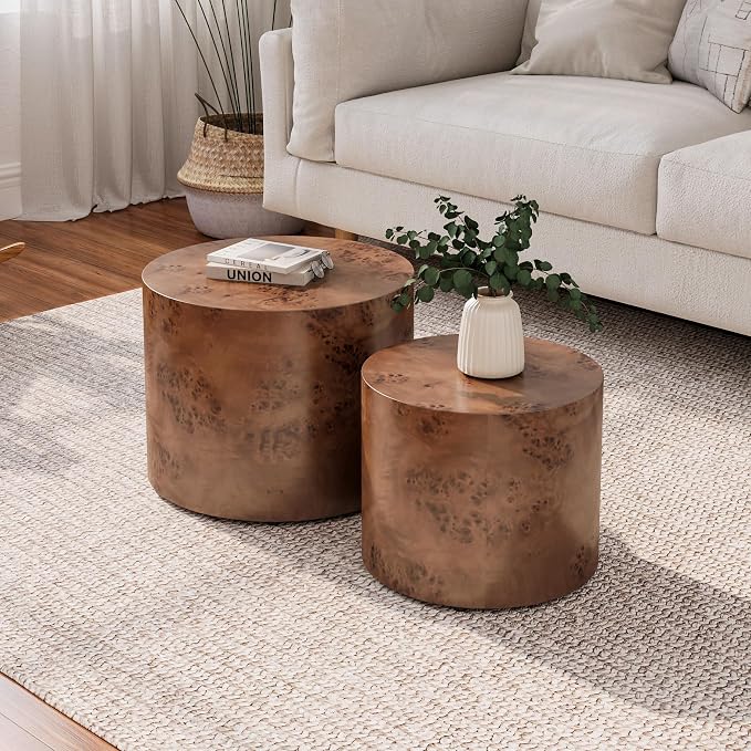 Round Nesting Coffee Table Set of 2, Modern Wooden Circle Burl Accent Tables by HanStrong
