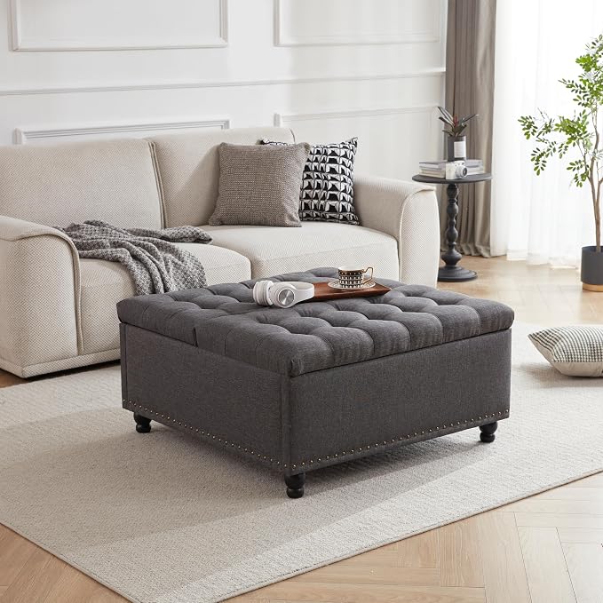 Tbfit Large Square Storage Ottoman Bench, Tufted Upholstered Coffee Table - Image 3