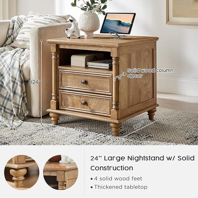 T4TREAM 24'' Farmhouse End Table w/4 Solid Wood Feet, Large 2 Drawers Wide Sofa - Image 3