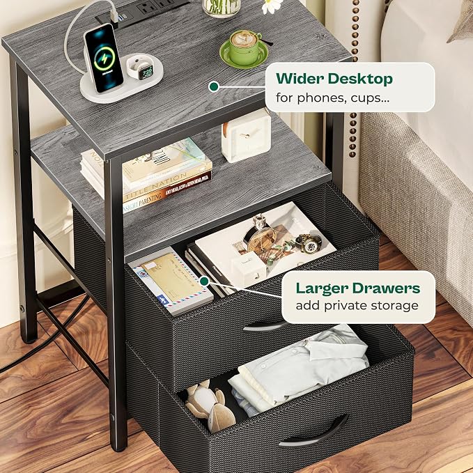 Huuger Night Stand with Charger Station and LED Lights, 2 Drawer Nightstand - Image 7