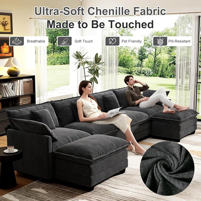 146" Cloud Couch Sectional, U Shaped Modular Sectional Sofa, 4-Seat Deep Seat - Image 5