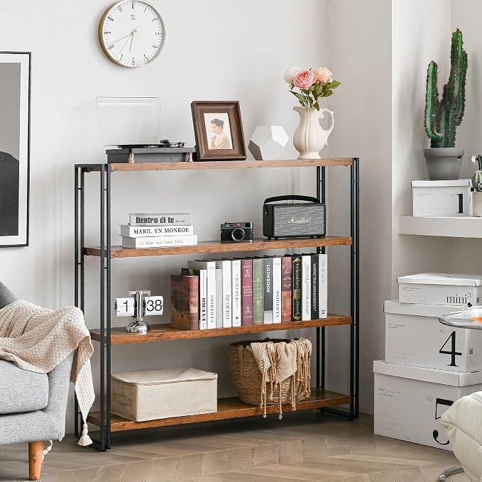 HCHQHS Bookshelf, 4-Tier Industrial Bookcase, Rustic Wood and Metal Open - Image 2