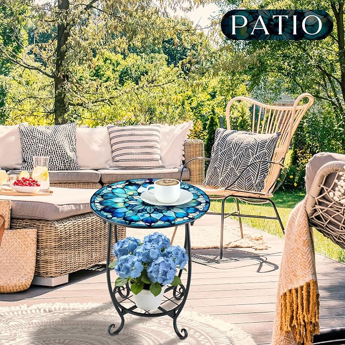 Cinnvoice Outdoor Side Table Round Small Mosaic Patio Accent Indoor End Plant - Image 6
