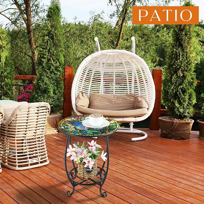 Cinnvoice Outdoor Side Table Round Small Mosaic Patio Accent Indoor End Plant - Image 4