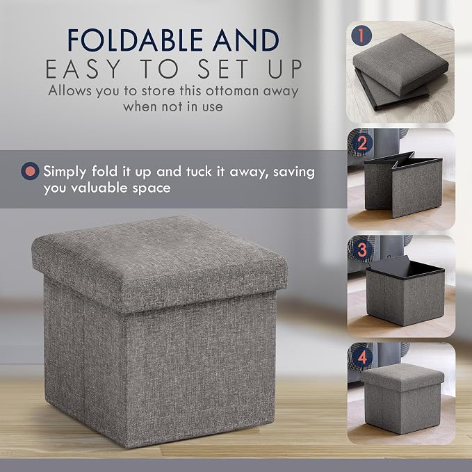 Ornavo Home Small Storage Ottoman Foldable Collapsible Cube Square Linen - Image 5