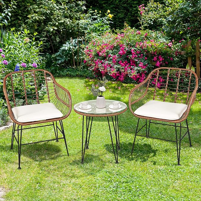 Tangkula 3 Pieces Patio Conversation Bistro Set, Outdoor Wicker Furniture - Image 4