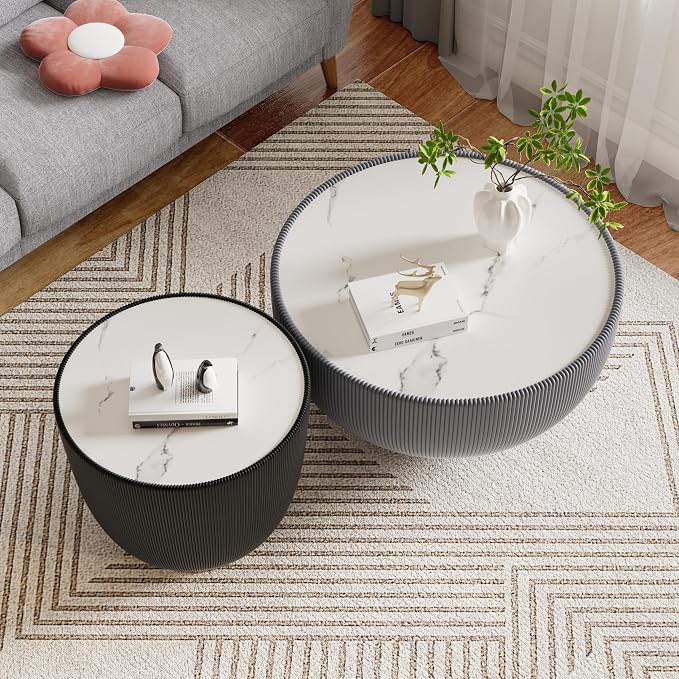 SSLine Bowl-Shape Coffee Table Set of 2 Modern Sintered Stone Top Nesting - Image 4