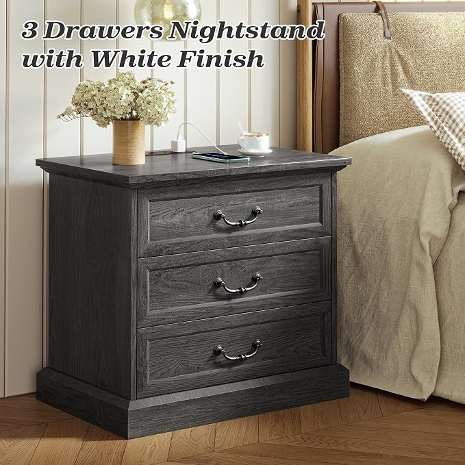 Huuger Nightstand with Charging Station, 3 Drawer Night Stand, 22 Inch Wider - Image 3
