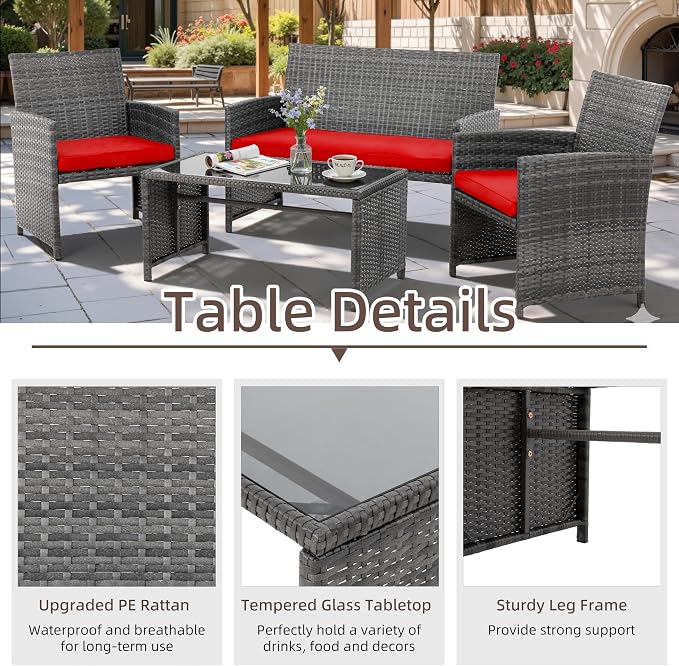 4 Piece Patio Ratten Set Outdoor Furniture Set Wicker Conversation Set - Image 3