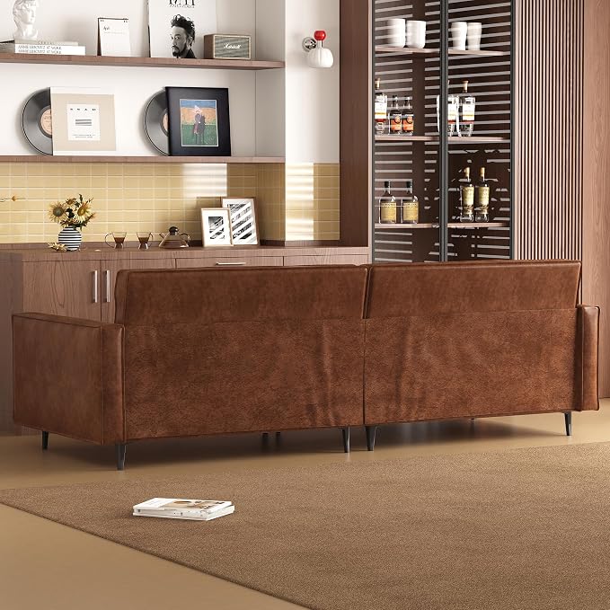 86.61" Mid-Century 3-Seater Brown Leather Sofa, Vintage Modern Couch - Image 6