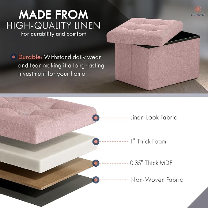 Ornavo Home Small Storage Ottoman, Foldable Collapsible Rectangle Linen Ottoman - Image 4