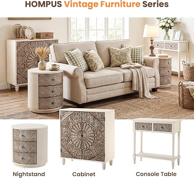 HOMPUS Round End Table with Carved Floral Pattern, Vintage Nightstand w 3 - Image 7