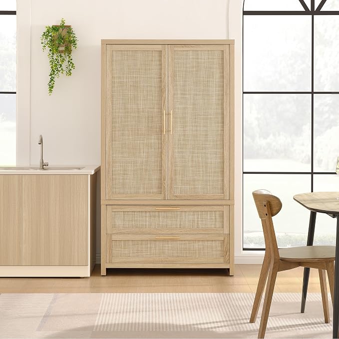 SICOTAS Rattan Armoire Wardrobe Closet Cabinet, and Hanging Rod, Boho - Image 6
