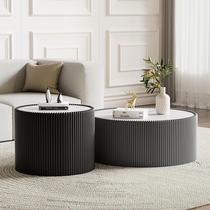 SSLine Round Drum Coffee Table Set of 2 Modern Sintered Stone Top Nesting by SSLine