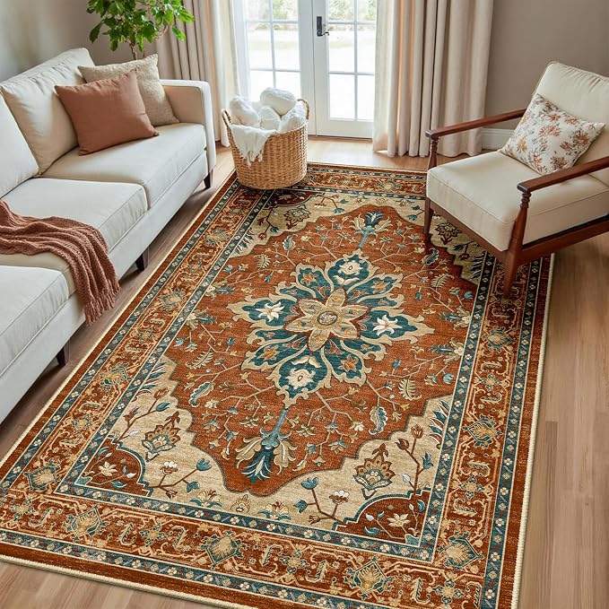 RELEANY Area Rugs 5'x8' Washable Non-Slip, Floral Vintage Distress Print by RELEANY