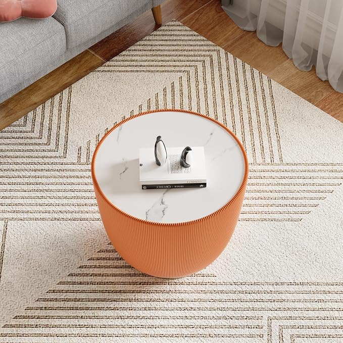 Henf Marble Round Side Table, 19.7" Fluted End Table - Image 6