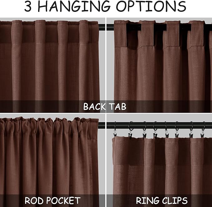 Nanspring Rustic Brown Linen Curtains Semi Sheer 96 Inches Long 2 Panels Set - Image 2