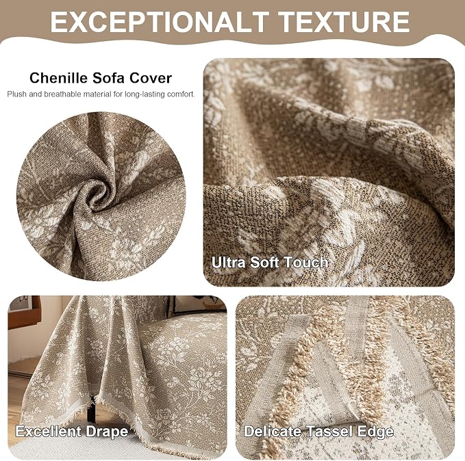 VClife Vintage Floral Bohemain Couch Cover, Soft Breathable Chenille Sofa Cover - Image 5