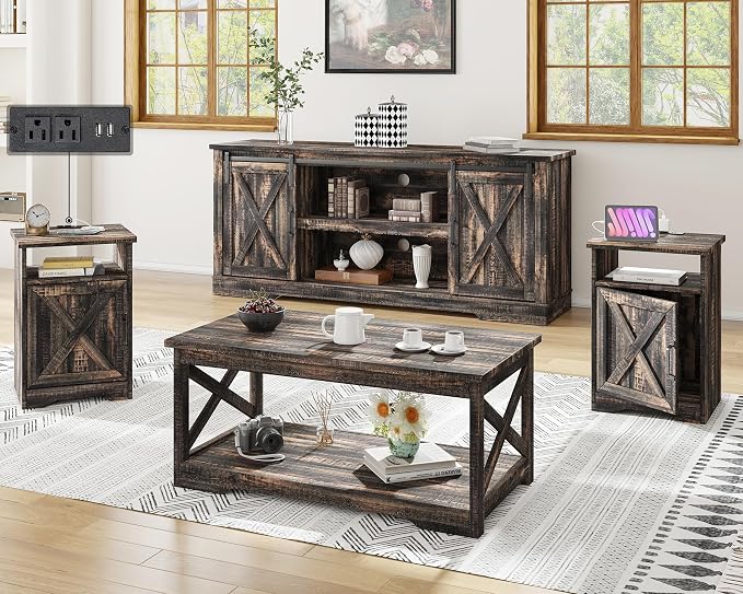 AMERLIFE 4-Piece Farmhouse Table Set Includes Sliding Barn Door TV Stand by AMERLIFE