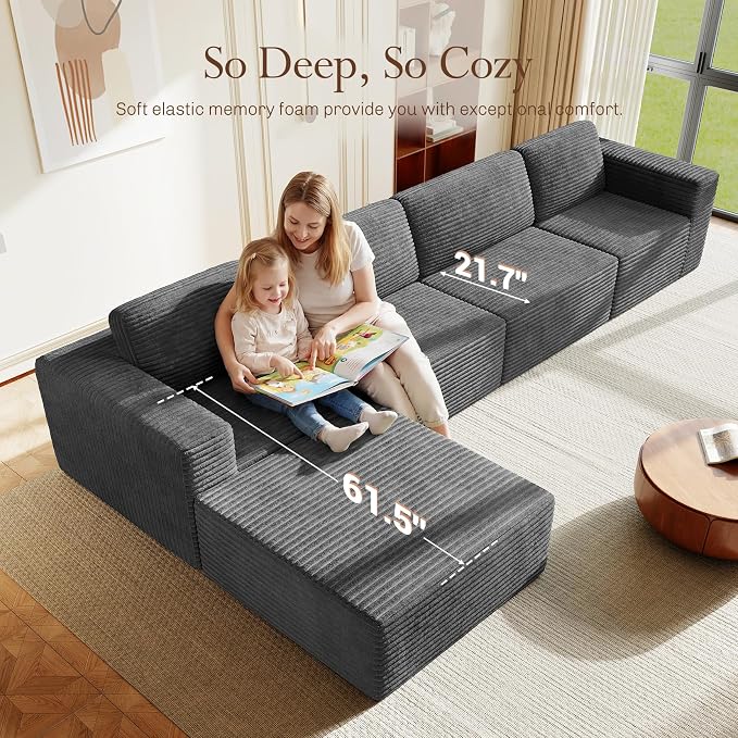 Vesgantti 159" Large Modular Sectional Sofa, L-Shaped Corduroy Cloud Couch - Image 5