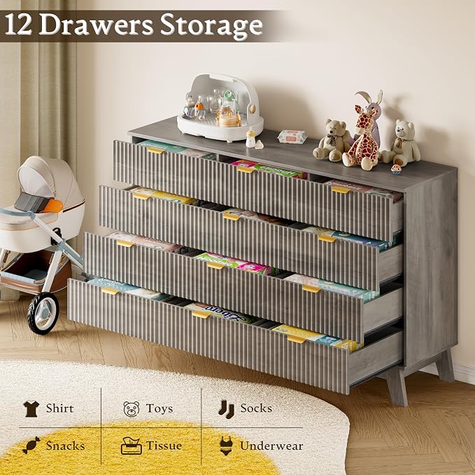 BORNOON 57" Wide Dresser for Bedroom, 12-Drawer Fluted Dresser - Image 3