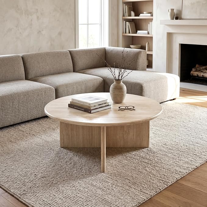HNY Modern Round Coffee Table Marble Veneer Wood Center Table 31.5" Faux - Image 8