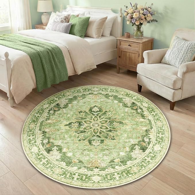 RELEANY Area Rugs Round 4ft Washable Non-Slip, Floral Vintage Distress Print - Image 3