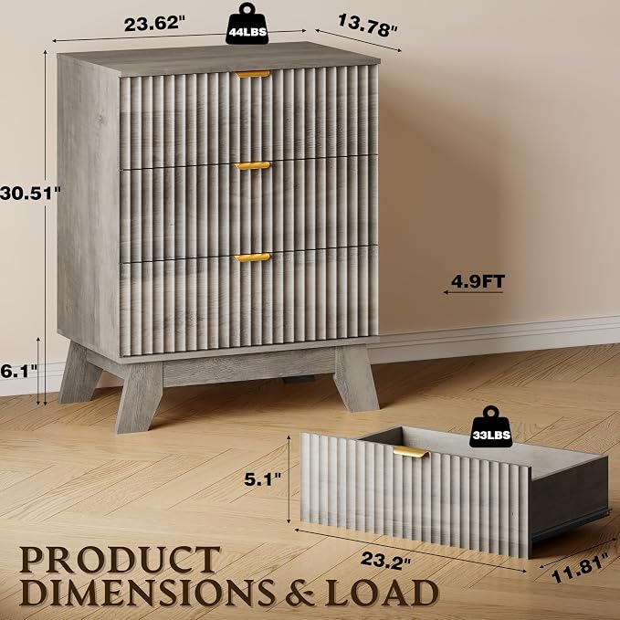 BORNOON Fluted 3 Drawer Dresser, 30.3" Tall Compact Modern Boho Chest of Drawers - Image 2