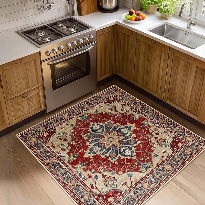 RELEANY Area Rugs Square 4ft Washable Non-Slip, Floral Vintage Distress Print by RELEANY