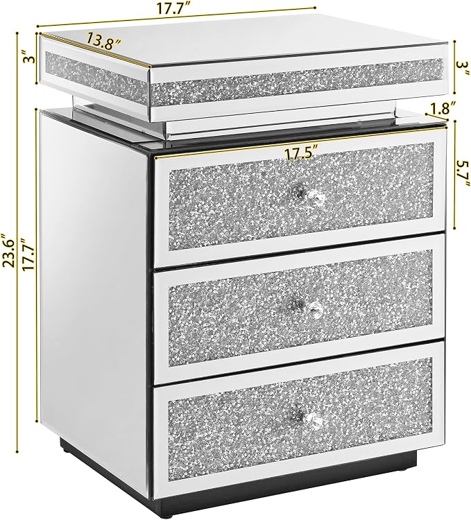 Mirrored Nightstand with 3 Drawers, Mirror End Table, Modern Bedside Table - Image 2