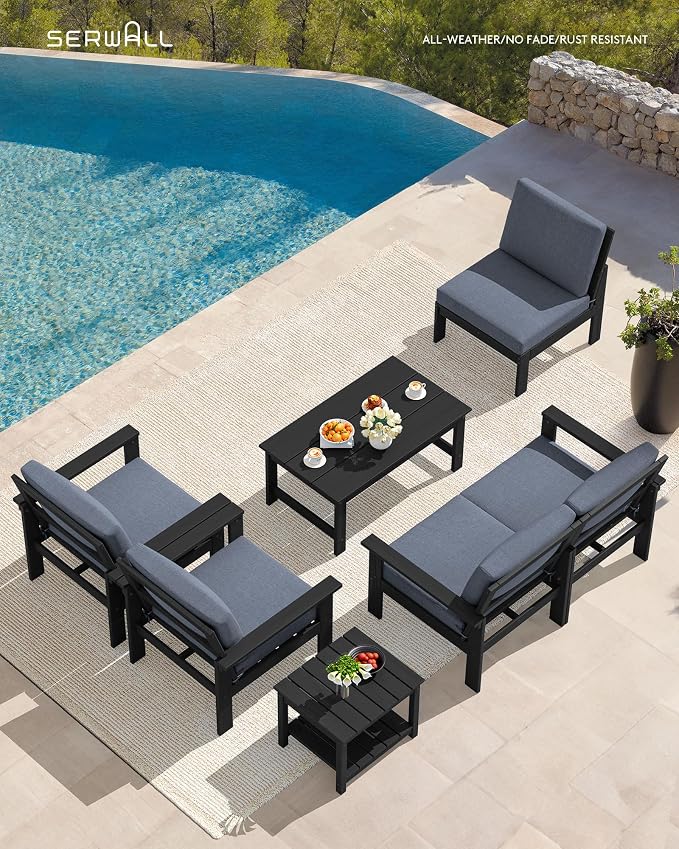 SERWALL HDPE Patio Furniture Set, 7-piece Outdoor Sectional Sofa Set, All - Image 5