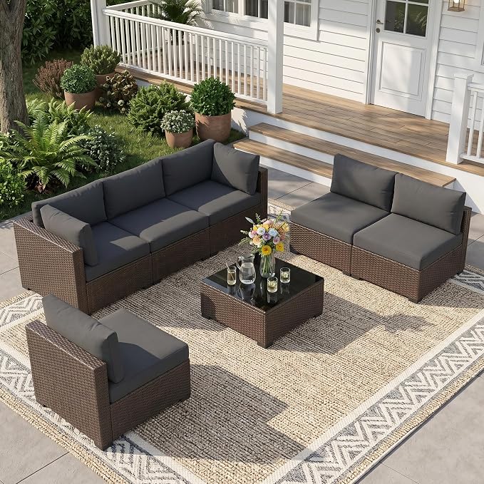 LOUVIXA 7 Piece Outdoor Patio Furniture Set, Outdoor Sectional Sofa, Wicker by LOUVIXA