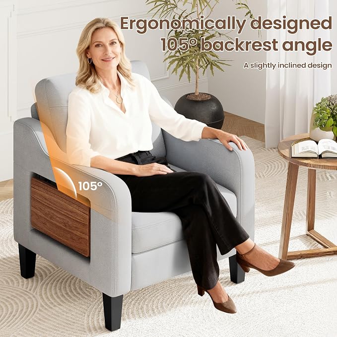 Accent Chair for Living Room Modern Linen Upholstered Armchair Side Wooden - Image 5