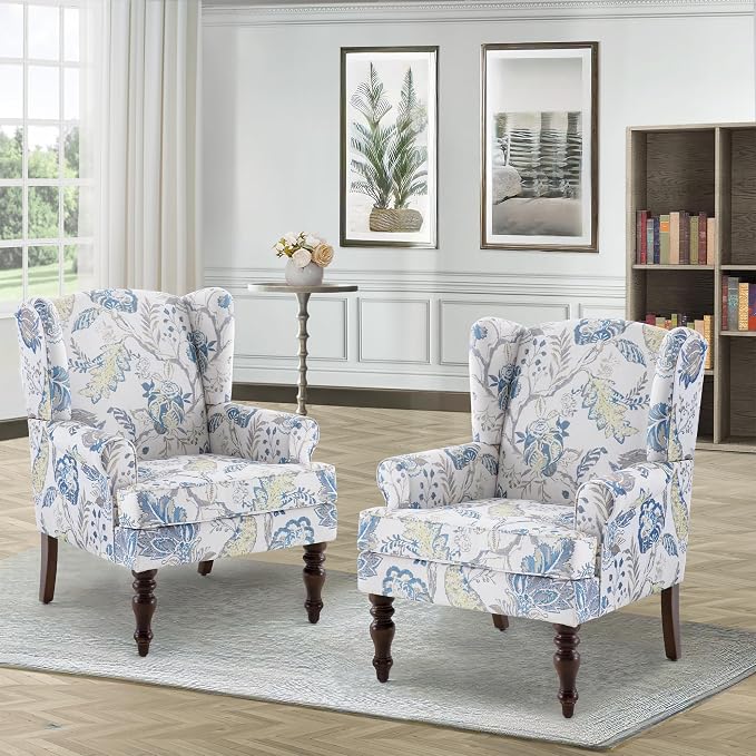 HUIMO Printed Wingback Accent Chair, Linen Upholstered High Back Armchair - Image 2