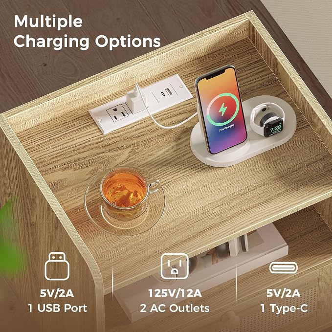 SUPERJARE Nightstand with Charging Station & Rattan-Like Decor Drawer, Rattan - Image 4