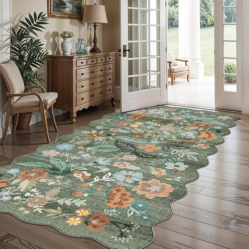 4x8 Washable Area Rug for Family: Stain Resistant Wide Floral Scalloped Kitchen - Image 2