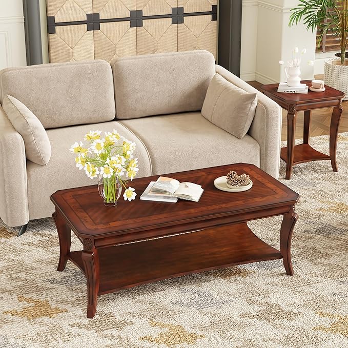 Traditional Distressed Farmhouse Style Coffee Table Set, 2-Piece Solid Wood by MIAUWUUFHOME