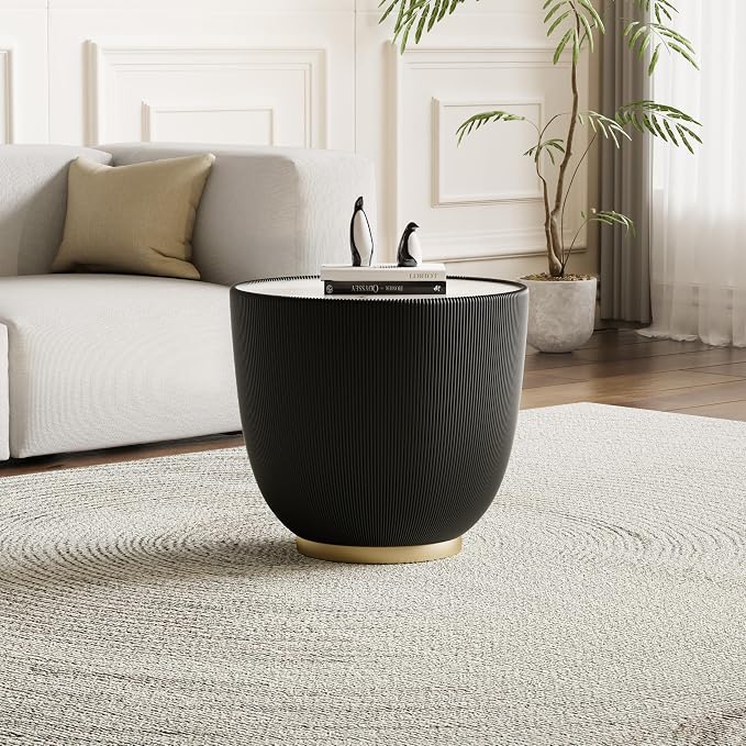 Black Round Side Table, 19.7" Faux Marble Fluted End Table - Image 3