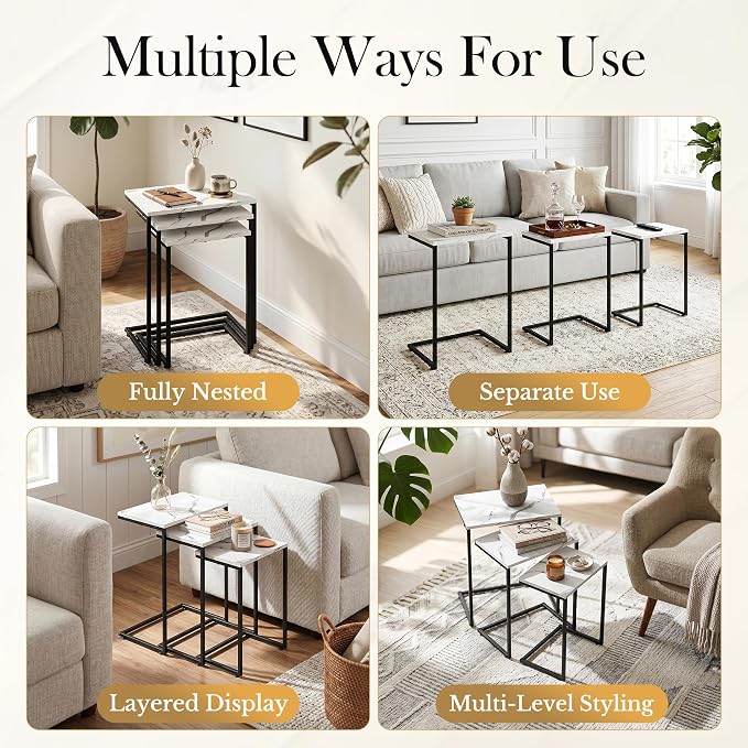 SUPER DEAL Nesting Tables Set of 3, Industrial C Shaped End Table Stackable - Image 5