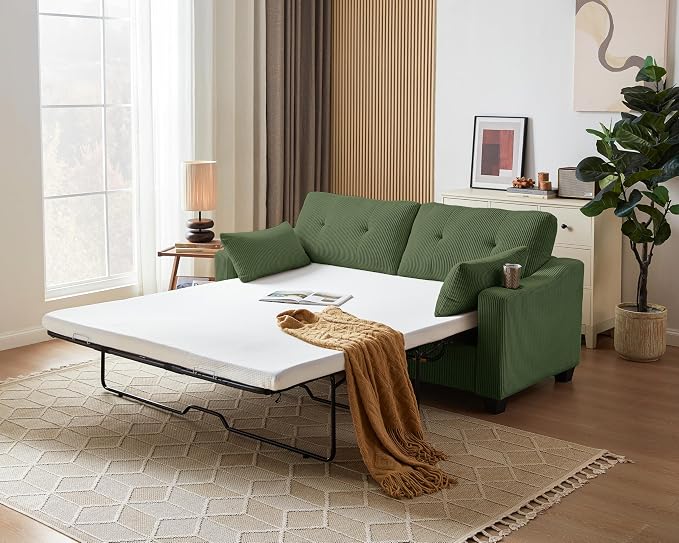 Queen Size Pull Out Sleeper Sofa Bed, 2-in-1 Convertible Corduroy Pull Out by CHICHOUSE
