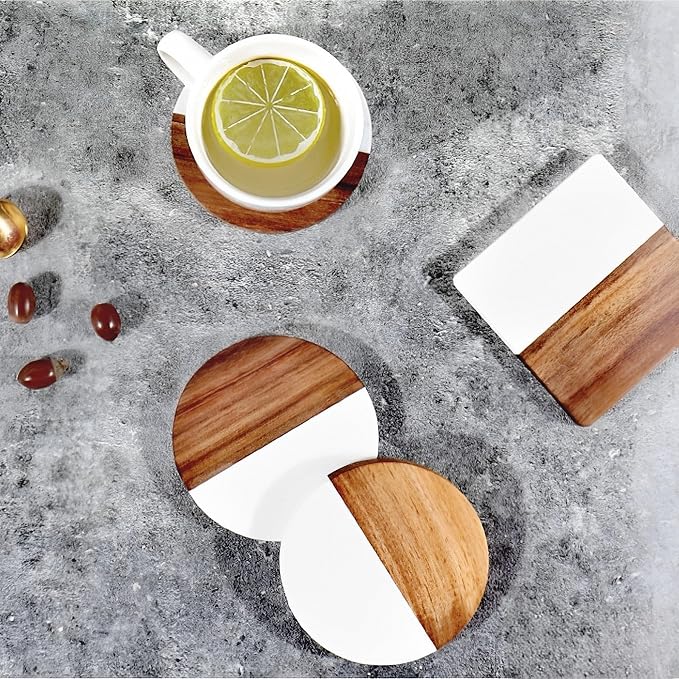 I-LAN 8-Pack Marble and Acacia Wood Coasters, 4-Inch Round Modern Drink Coaster - Image 7