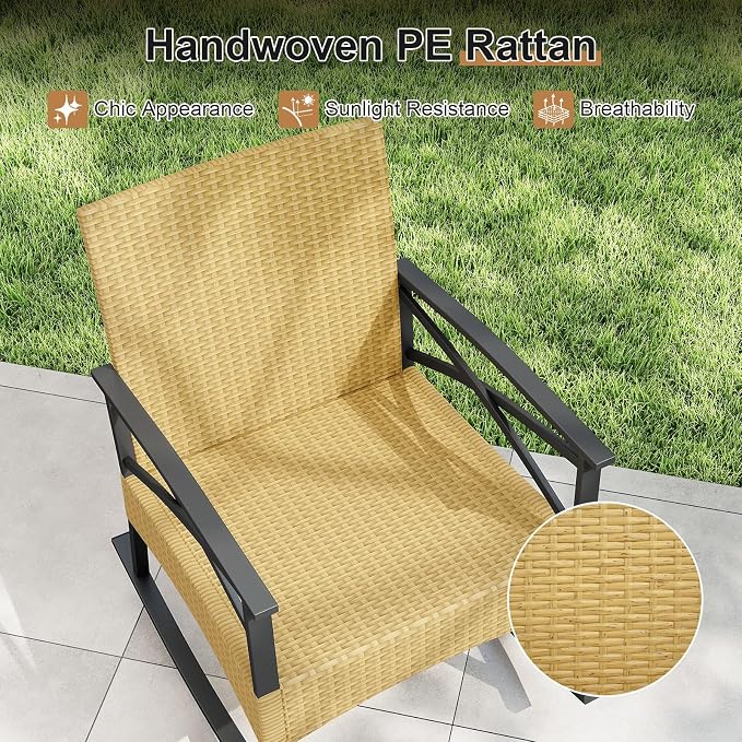 Tangkula 3 Pieces Outdoor Rocking Chairs Set, Rattan Heavy Duty Cushioned - Image 7