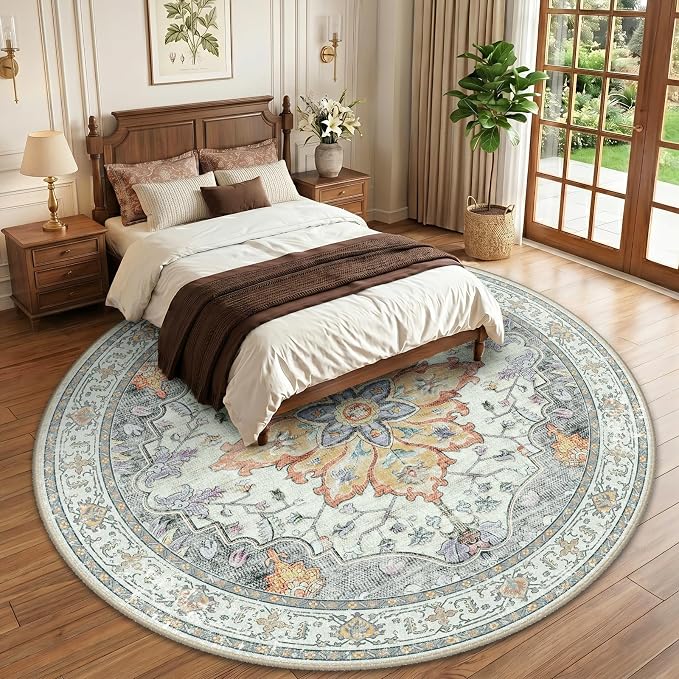 RELEANY Area Rugs Round 10ft Washable Non-Slip, Floral Vintage Distress Print - Image 2