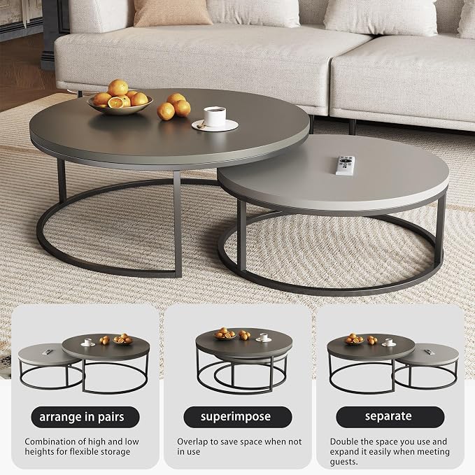 2-Piece Round Nesting Coffee Tables – Walnut Wood Top - Image 5