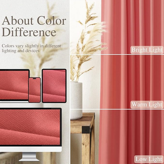 Nanspring Watermelon Red Linen Curtains 102 Inches Long 2 Panels, Back Tab Rod - Image 4