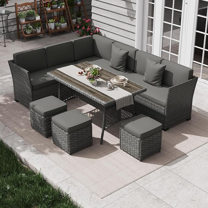 KIGOTY 7 Piece Patio Furniture Set, Outdoor PE Wicker Rattan Outdoor Dining Set by KIGOTY