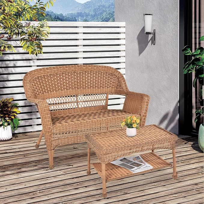 Jeco Wicker Patio Love Seat and Coffee Table Set in Honey Without Cushion - Image 3